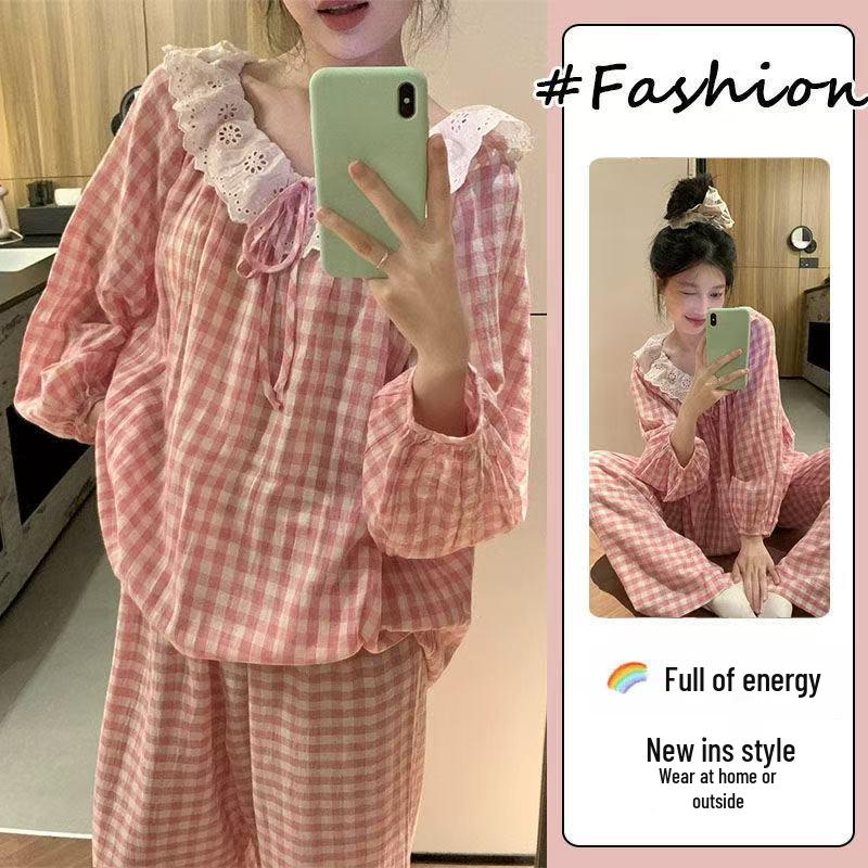 Damen Blumen-Spitzen-Pyjama-Set - Langarm, Süßer Koreanischer Stil, Vielseitig für drinnen und draußen