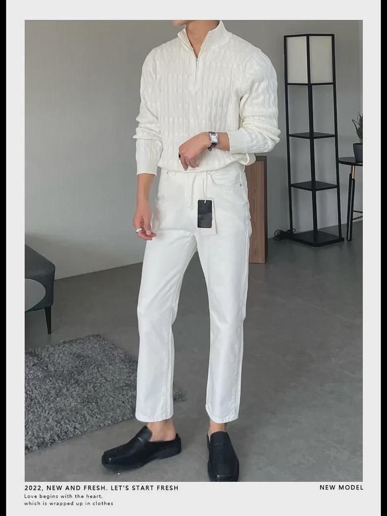 Men's High-End White Half-Turtleneck Zipper Knit Pullover Sweater, Fashionable and Versatile Long-Sleeved Jacket