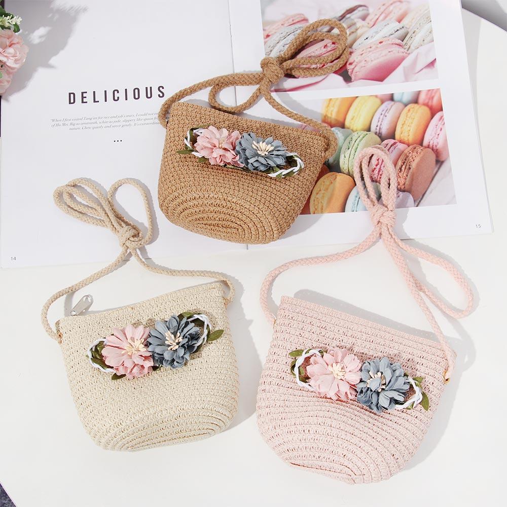 Casual Straw Weaving Toddler Baby Flower Sunshade Caps Wide Brim Hats Girls Summer Hat Shoulder Bag