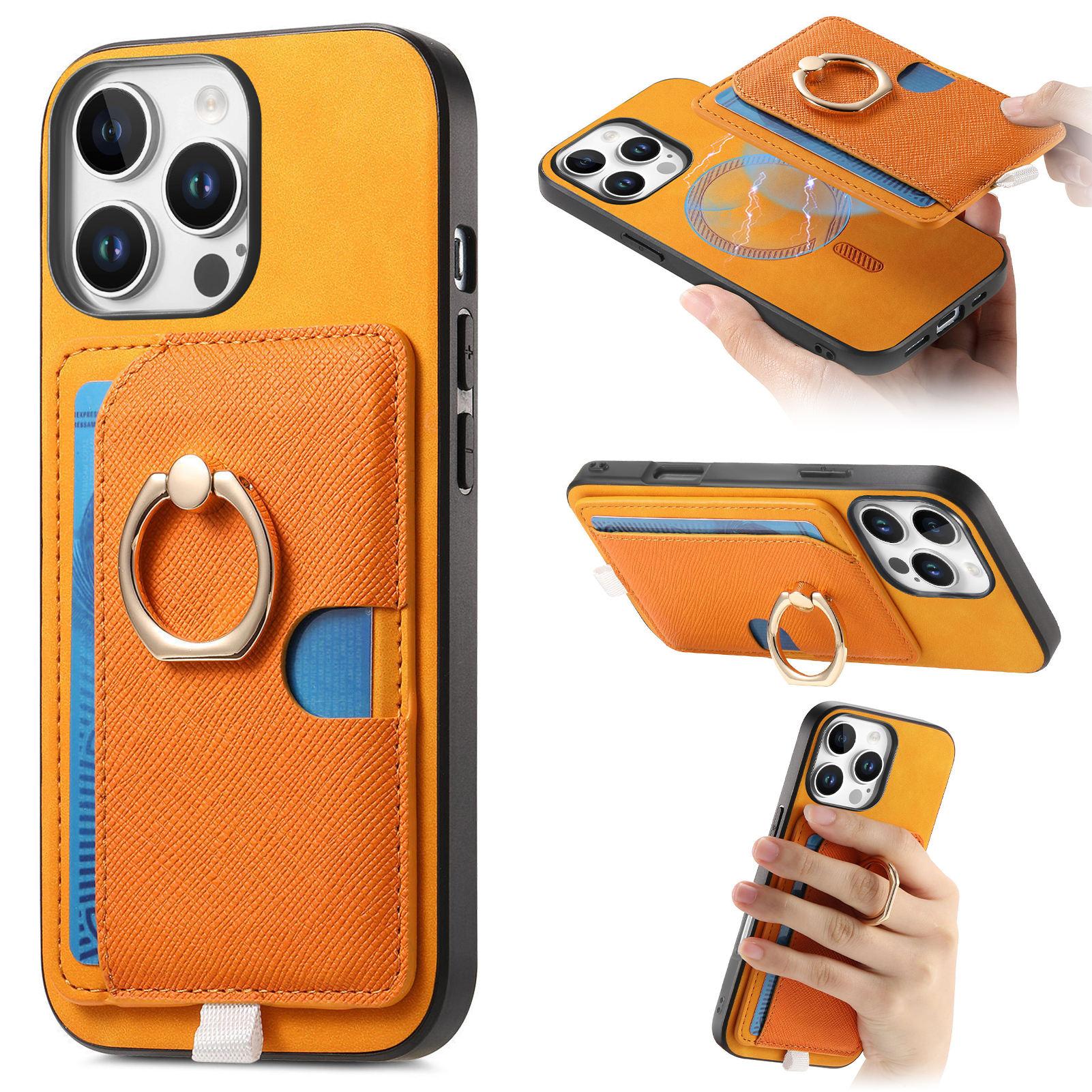 

For iPhone 16 Pro Max Case Ring Kickstand Leather+TPU+PC Phone Cover Detachable 2-in-1 Card Holder Orange