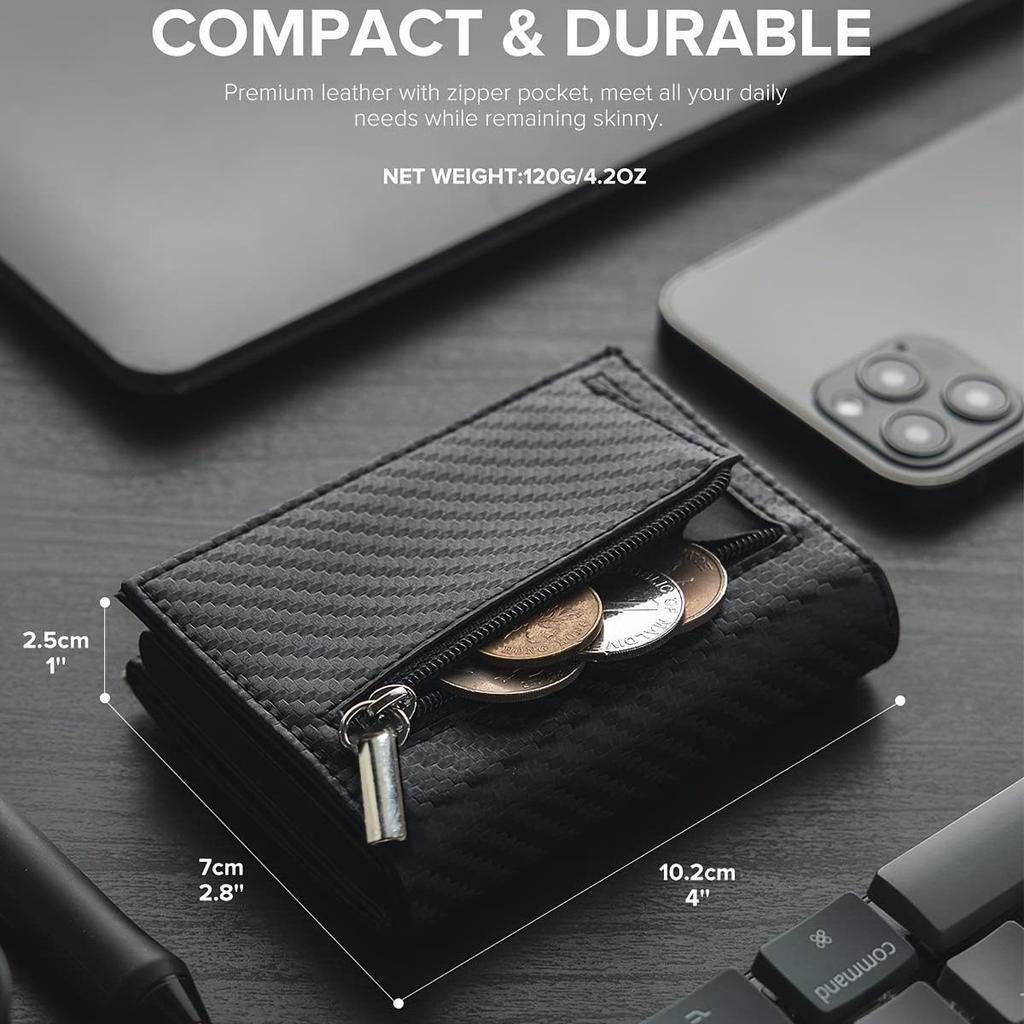 RFID Men's Carbon Fiber Leather Trifold Wallet with Apple Airtag Holder and Magnetic Closure