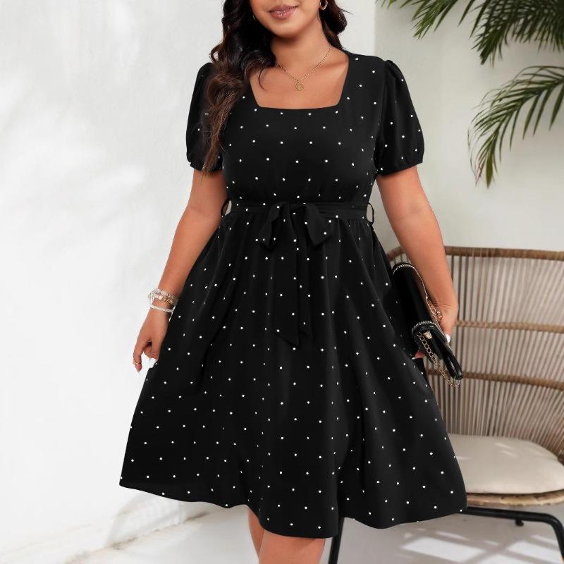 Rochie leagăn cu gât pătrat, elegantă, vintage, cu curea în talie, cu buline