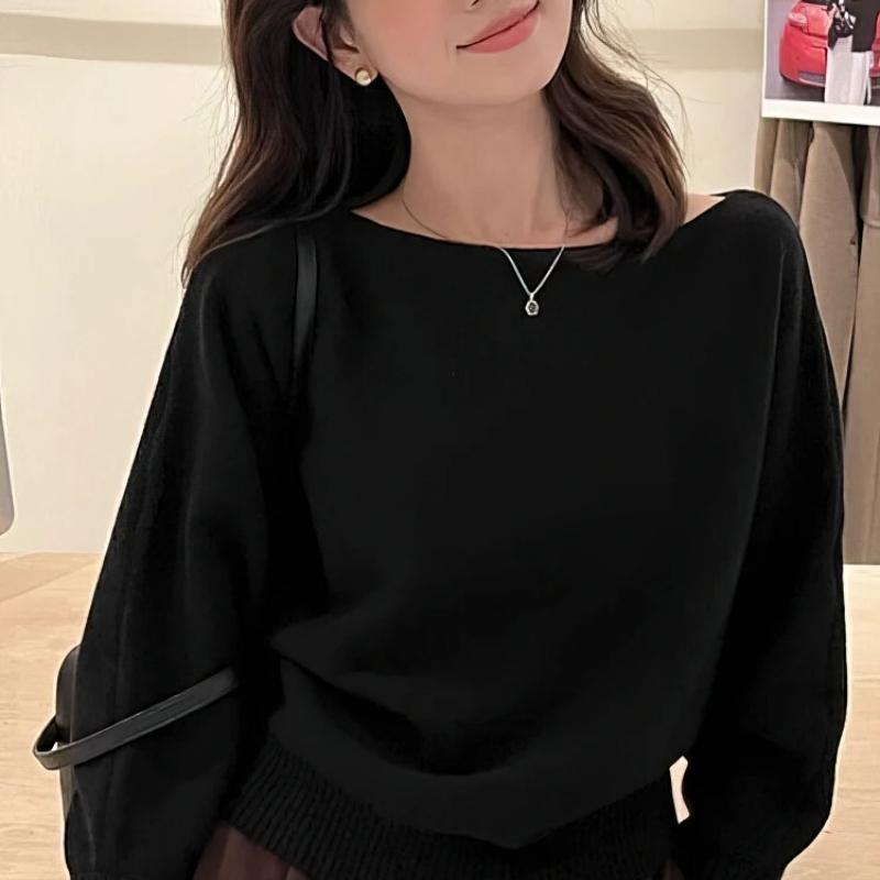 Batwing Long sleeve Knitted Pullover Women 300g Thick Off shoulder Top Korean Fashion Sweater Loose Casual Autumn Outwear Pull