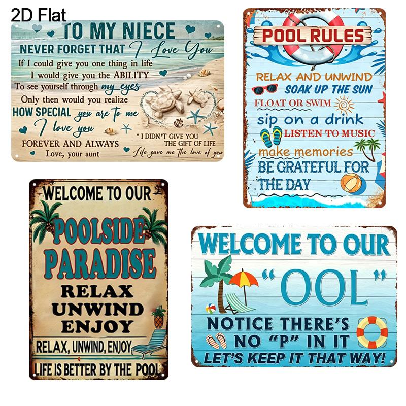 4pcs Welcome To Our Poolside Paradise Aluminum Metal Sign, 8×12 Inch Vintage Poolside Wall Decor Plaque for Backyard, Patio, Outdoor