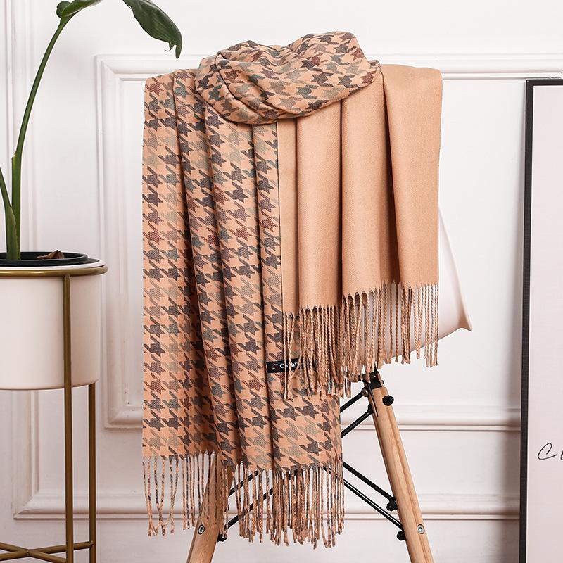 Cashmere Scarf Women's Winter Warm Fringed Shawl Men's Autumn and Winter Wool Scarf Imitation Cashmere Houndstooth Scarf