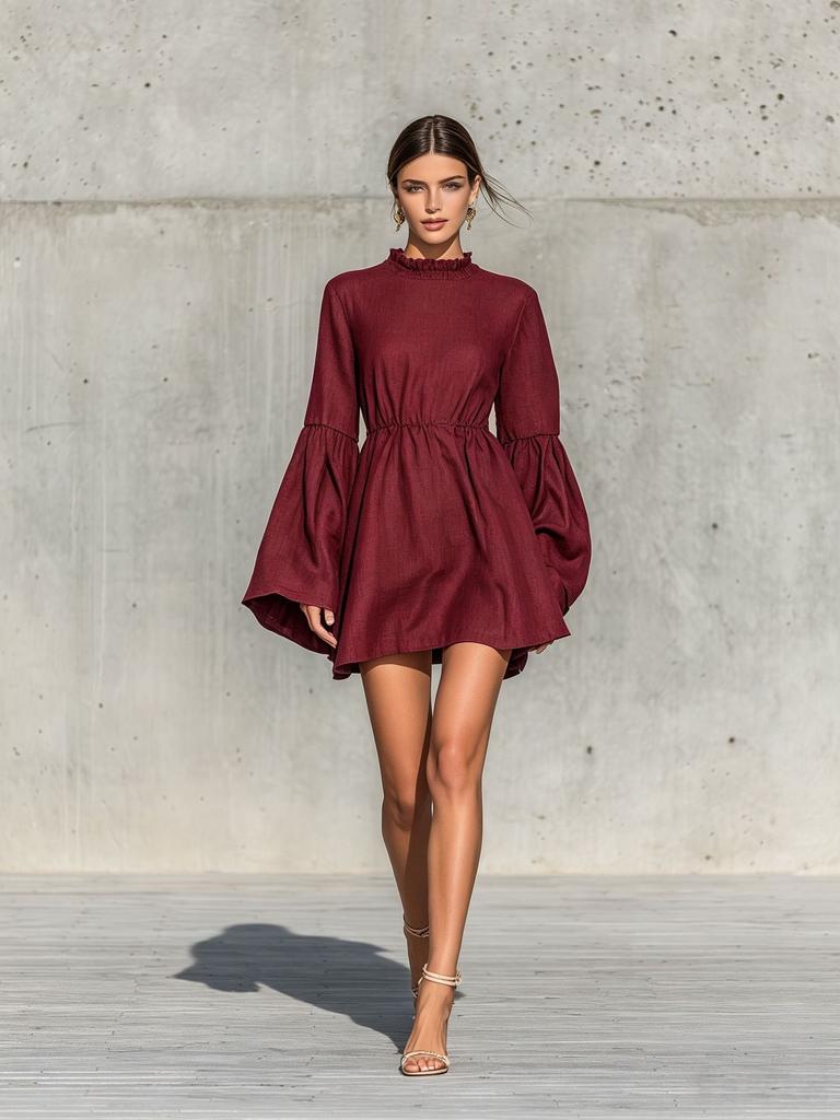 Women Solid Color High Neck Flounce Sleeve Mini Dress Elegant Casual Puff Sleeve A Line Dress