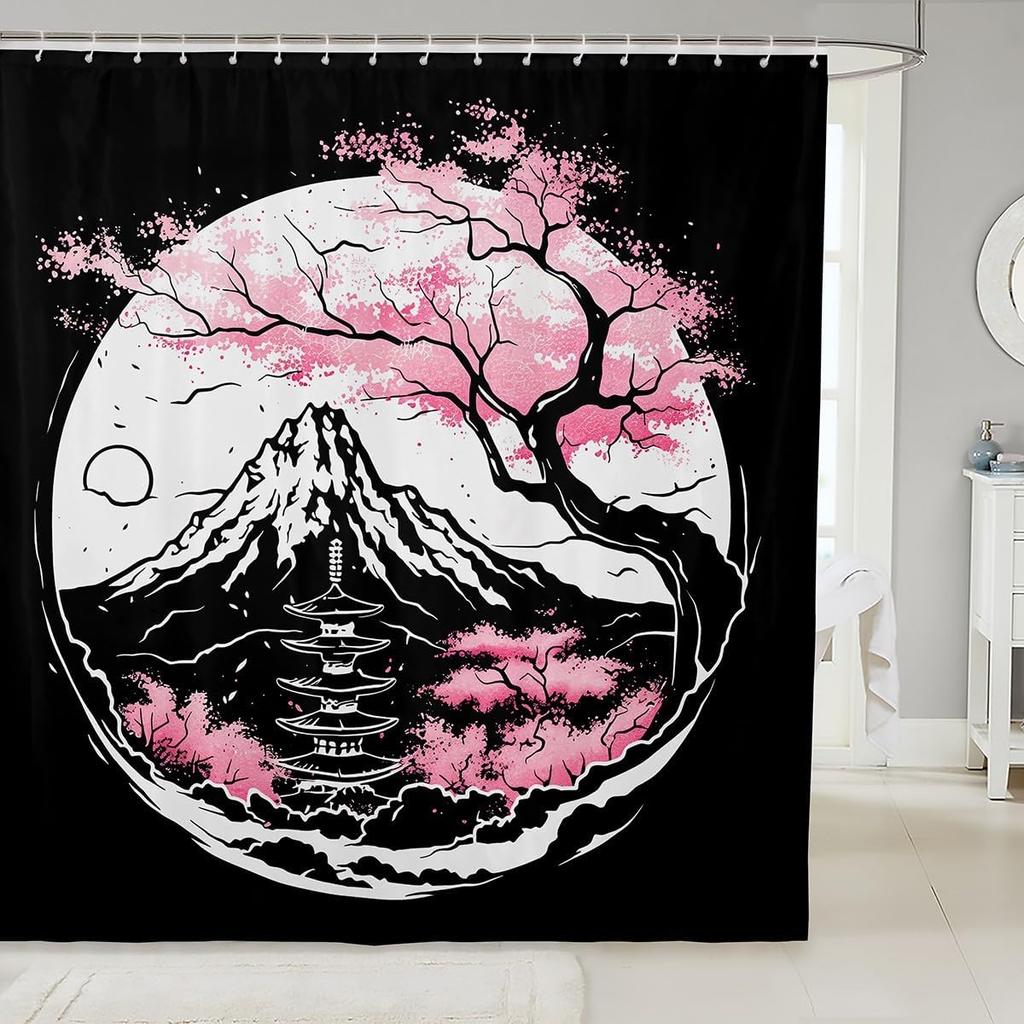 Kids Cute Corgi Shower Curtain Cherry Blossoms Bath Curtain Boys Girls Kawaii Dog Animal Pattern Sakura Flower Bathroom Shower