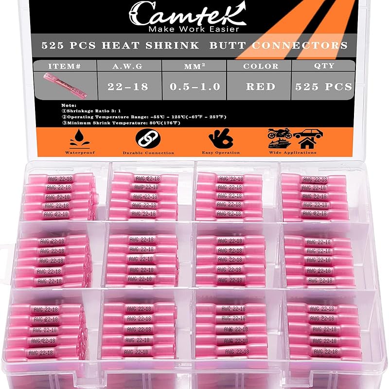 525PCS Heat Shrink Wire Connectors, 22-10 AWG Marine Grade Heat Shrink Butt Connectors, Waterproof Electrical Wire Terminals Kit Insulated Ring Fork