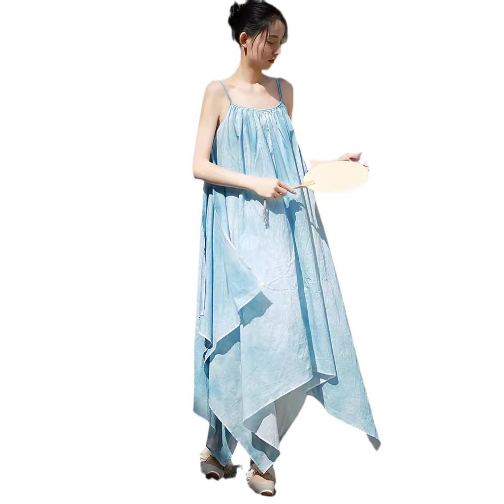 Cool new Chinese irregular design plant dyed suspender skirt cotton zen style