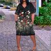 Summer Plus Size V Neck Short Sleeve Knee Pocket  Print Casual Dress For Women
