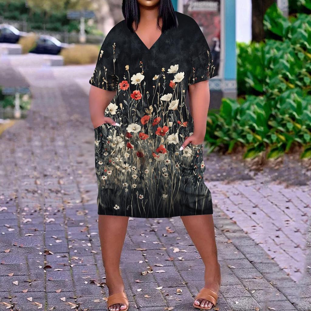 Summer Plus Size V Neck Short Sleeve Knee Pocket  Print Casual Dress For Women