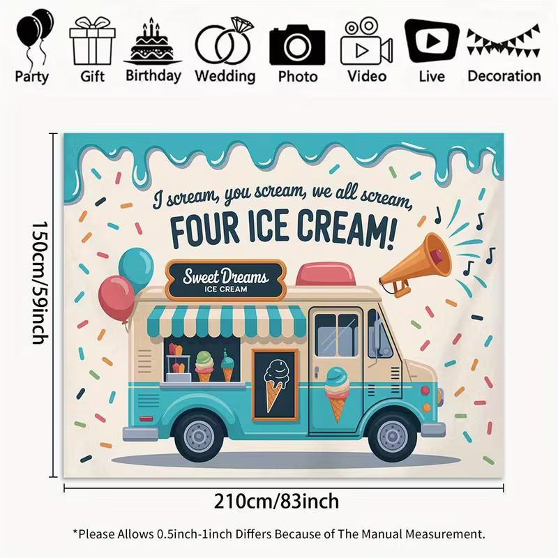 

2D Ice Cream Truck Themed Background for Toddler Fourth Birthday Photoshoot 47.2x31.5inch/120*80cm