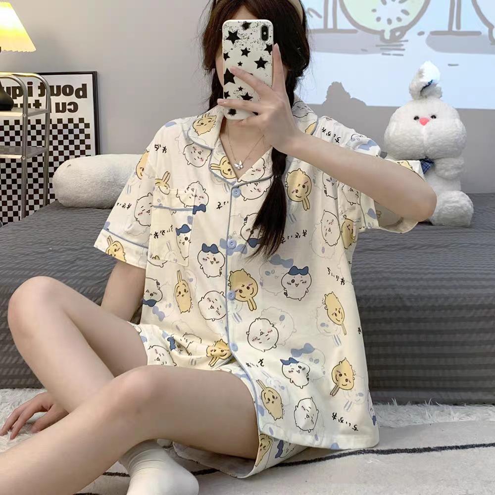 Chiikawa Pajamas Three-piece Set Summer Women's Short-sleeved Trousers Cute Usaki Small Eight Loungewear Spring and Autumn