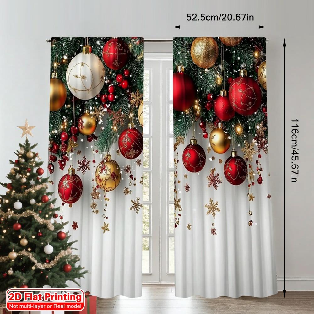 2D flat printing 2pcs Christmas Drapes Red and Gold Ball Pine Branch Snowflake Durable Polyester Without Electricity Versatile