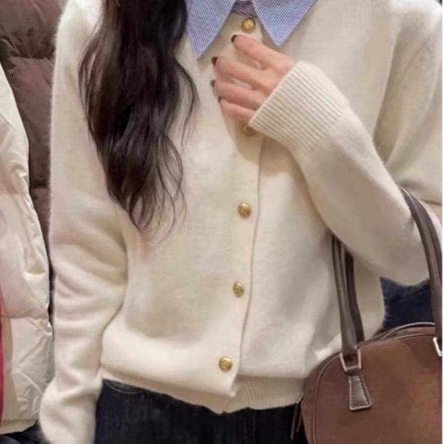 Gray Collared Two-Piece Style Knit Cardigan - Women's Petite Slim Fit Sweater for Spring and Autumn