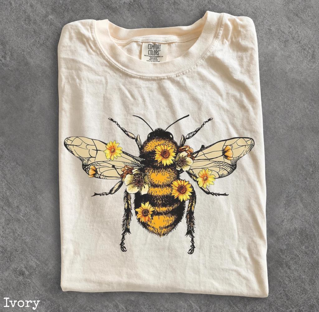 Vintage Botanical Bee Graphic Tee, Wildflower Bumble Bee Shirt, Cottagecore Nature Lover Top, Rustic Garden Pollinator Gift Tee