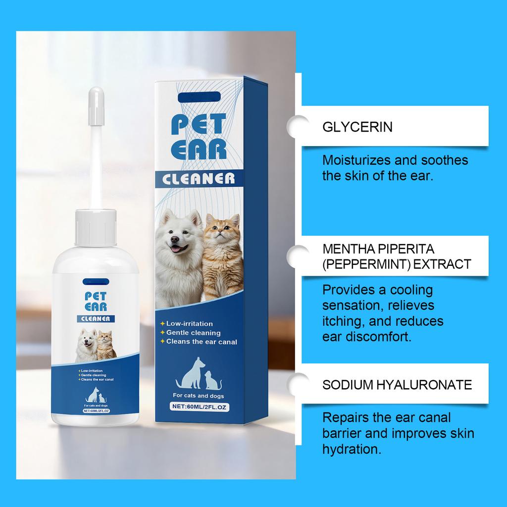 Pet Ear Cleaner With Plant-based Ingredients And A Flexible, Soft Tip For Gentle And Comfortable Cleaning Of Your Pet's Ears60ml