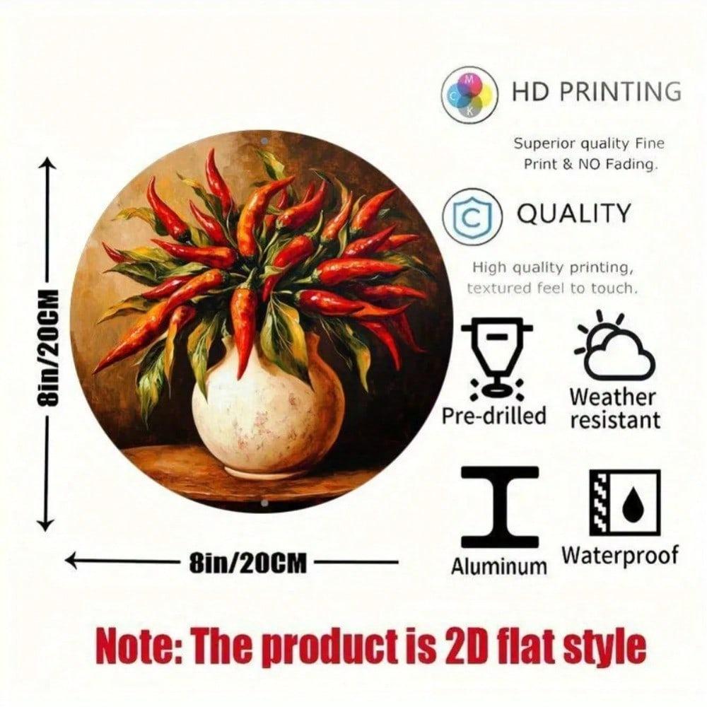 2D Round Aluminum Tin Sign 8x8 Inch Chili Pepper Vintage Wall Decor Rustproof Bar Kitchen