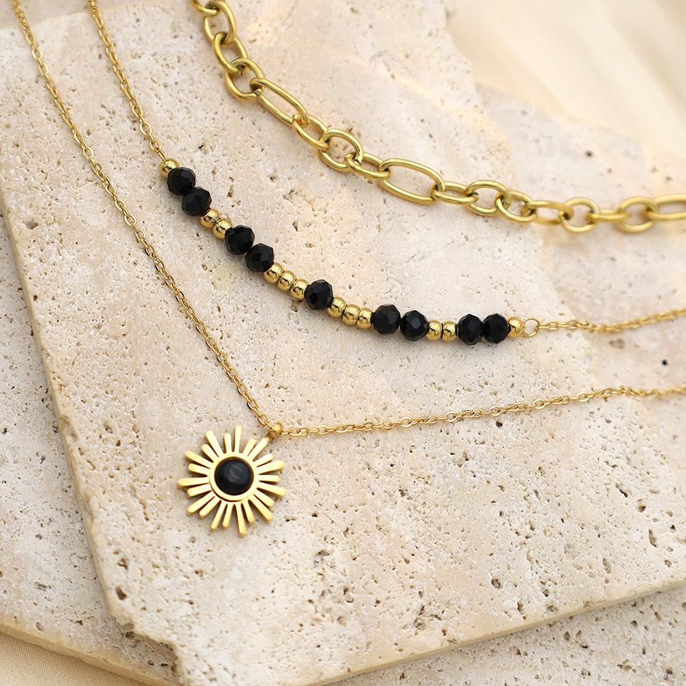 Jewelry Personalized Light Luxury Three-Layer Black Rice Bead Sun Pendant Necklace Female Versatile Niche Stacked Collarbone Chain