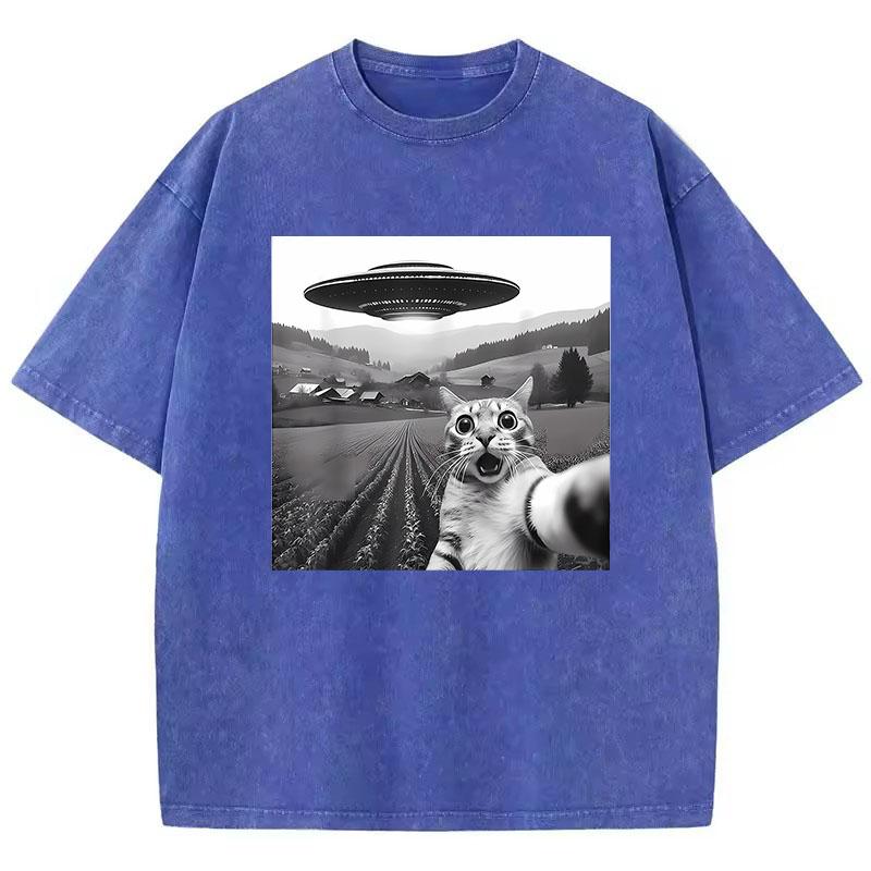 Trendy T Shirt Vintage Washed Cotton T-Shirt Retro UFO and Cat Pattern Graphic Top Tee Casual Streetwear Spring Summer