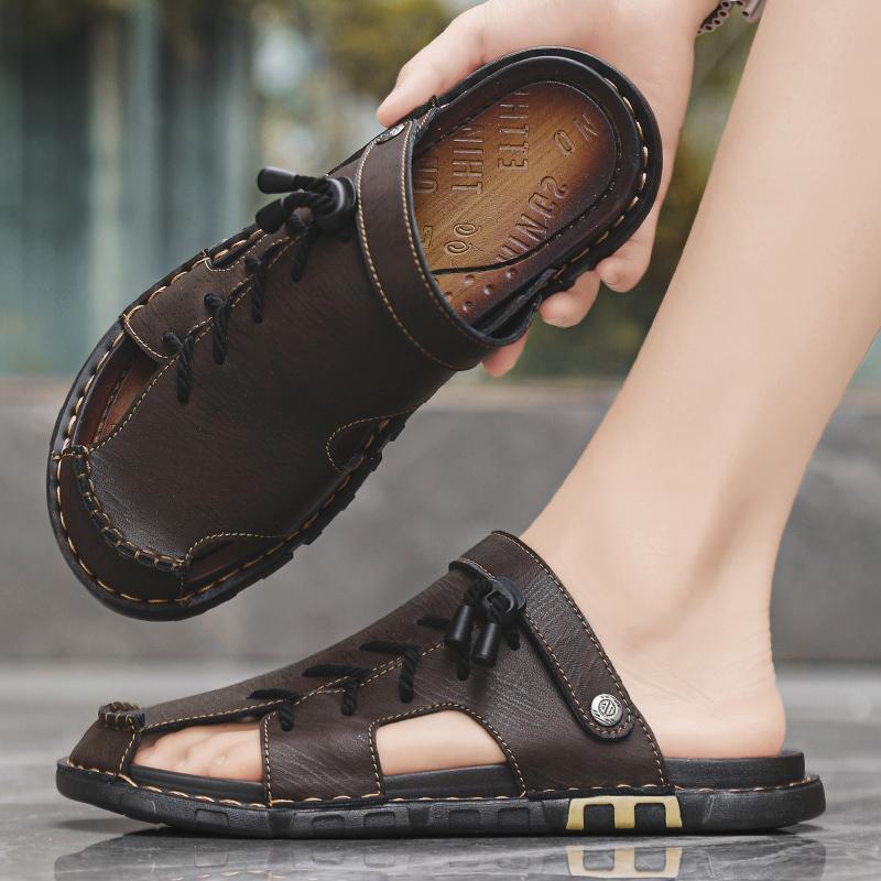 Men Leather Water Beach Sandals Summer Outdoor Casual Closed Toe Sports Sandals Non Slip Soft Hiking Wading Sneakers Comfortable