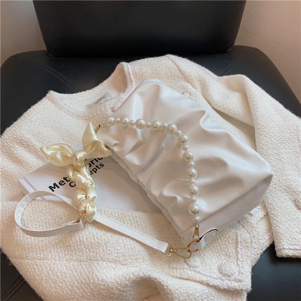 Gentle Pearl Chain Bag PU Leather Bow Handbag Trendy Pleated Shoulder Bag  Unisex