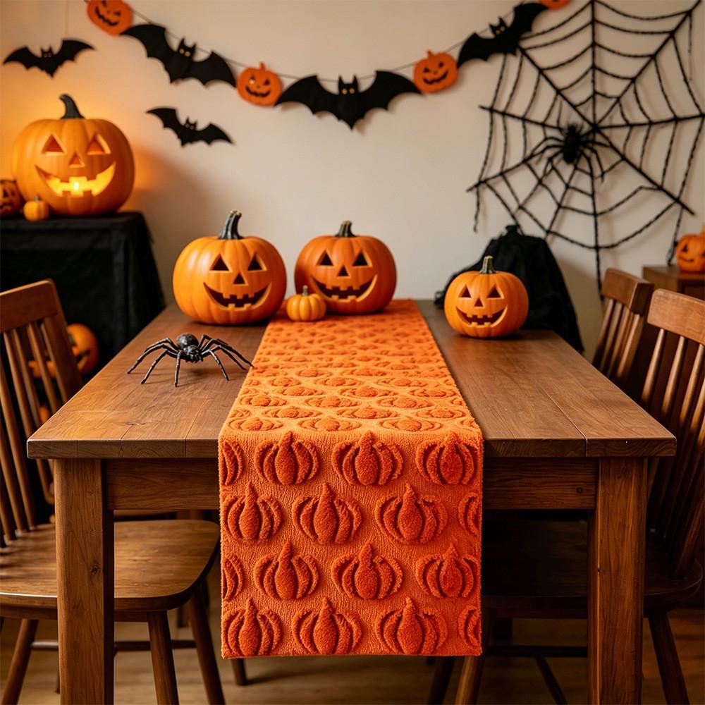 Polyester Halloween Table Runner With Embroidered Ghosts And Pumpkins For Party Decor
