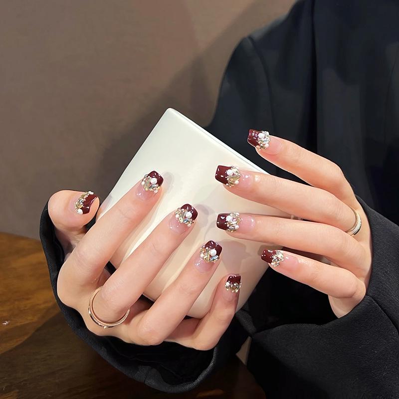 

Autumn Winter Burgundy Pearl and Diamond French Nail Stickers Glue Set