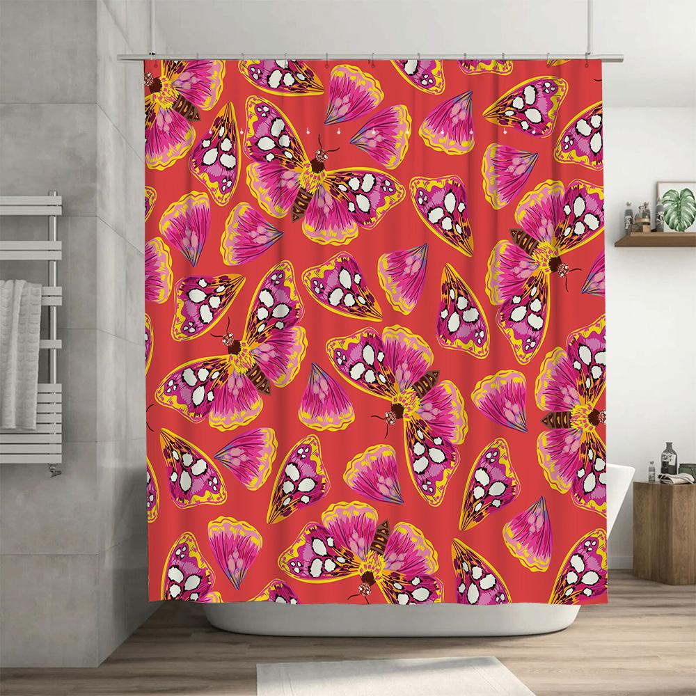 Vibrant Butterfly Print Shower Curtain Pink Yellow Colorful Floral Pattern Bath Decor for Home Use.