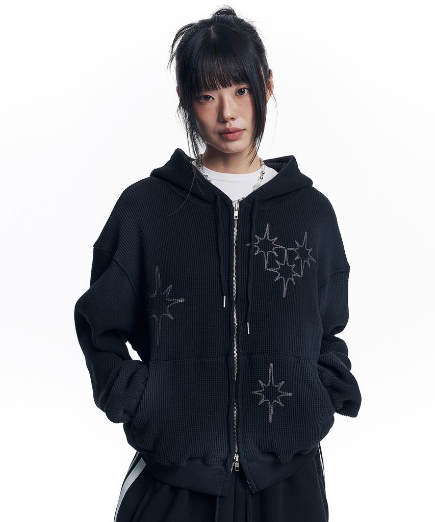 Easy No Easy Washed Star Waffle Zip-Up Hoodie - Black