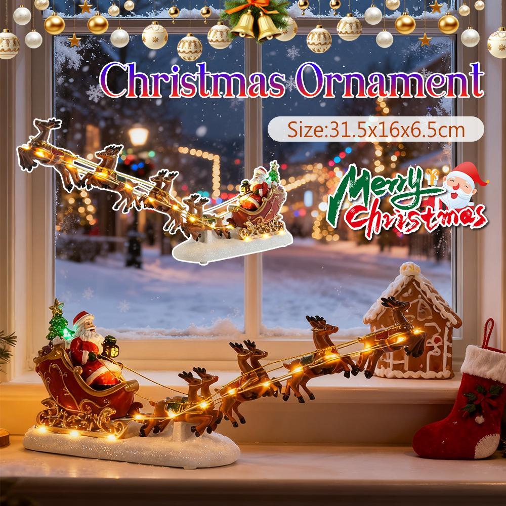 Świąteczny Mikołaj Sanie z Figurką Renifera, Świąteczna Ozdoba Domku Wioski, Światło LED, Dekoracja Stołu Domowego na Boże Narodzenie, Prezent