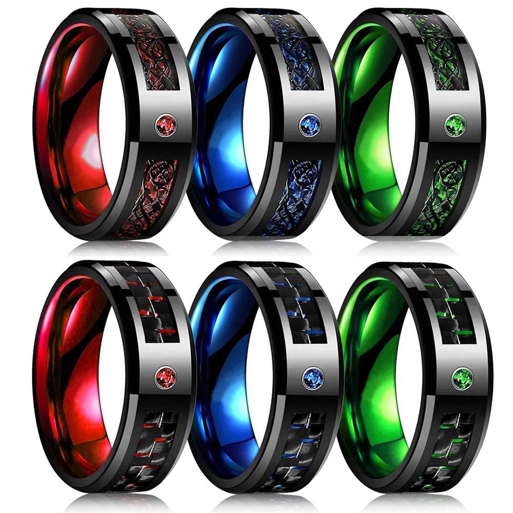 Fashion Men Stainless Steel Celtic Dragon Rings Inlay Red Blue Green Carbon Fiber Zircon Rings For Men Wedding Band Jewelry Gift