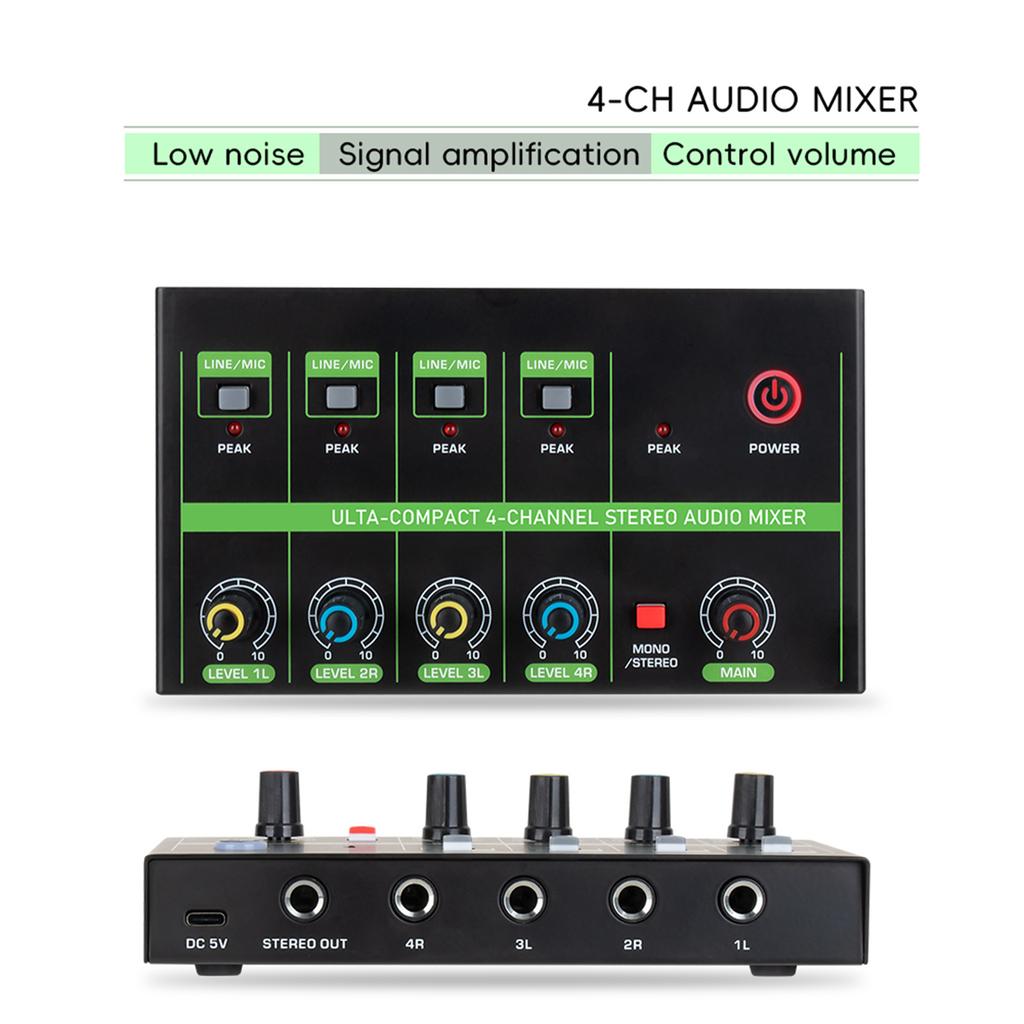 Durable Metal Construction 4 Channel Sound Mixer Mixing Console for Studio Quality Sound Line/Mic Switchiong Keys