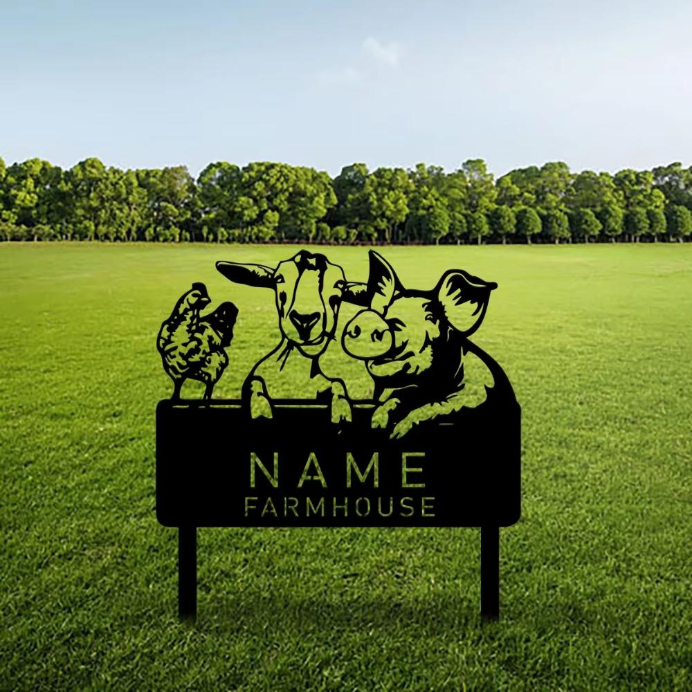 Custom Metal Farm Sign with Chicken Pig Goat for Yard Garden Porch Decor with Stake
