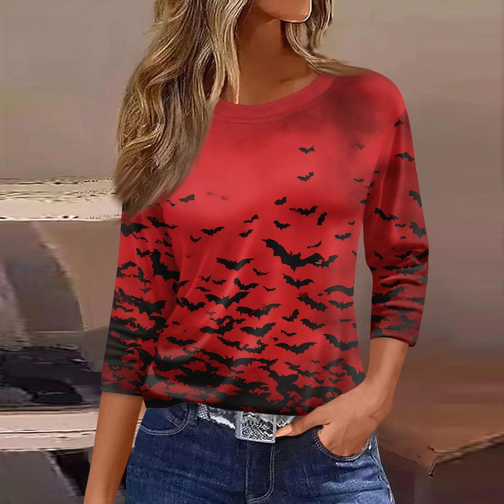 Women's 3/4 Sleeve Loose Fit Casual Shirt Round Neck Pullover Top Halloween Print Graphic T-Shirt for Everyday Wear