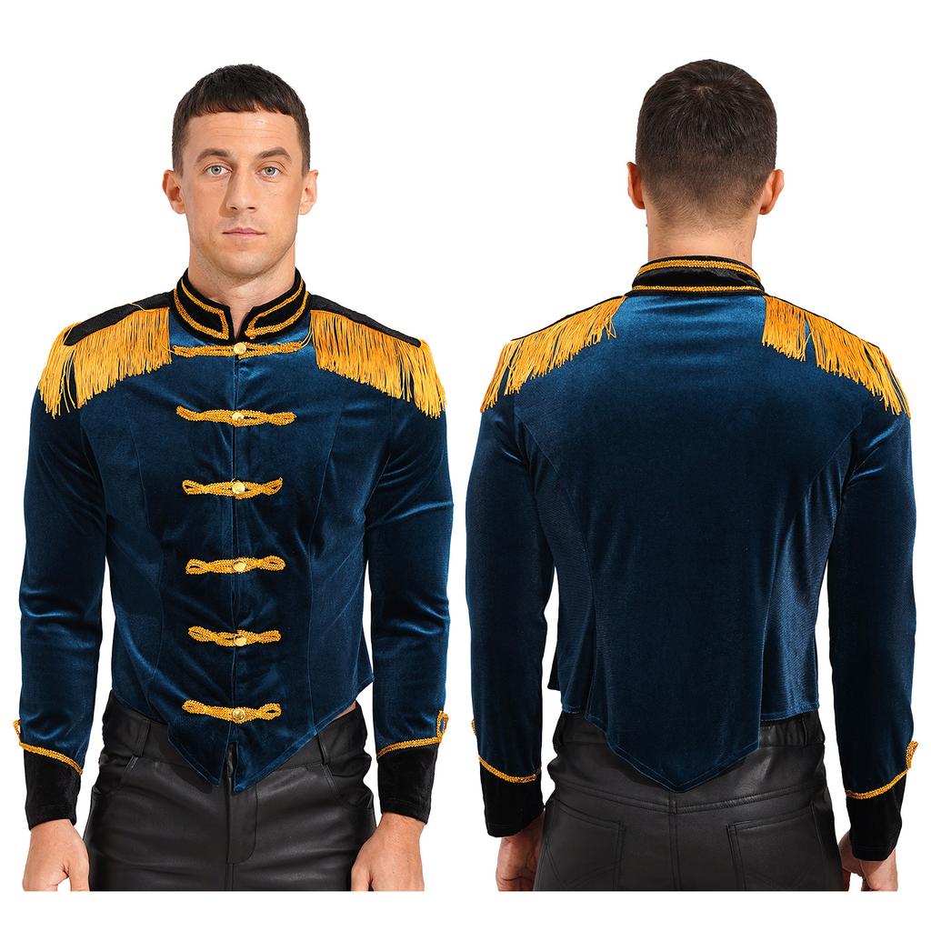 M-3XL Mannen Circus Ringmeester Kostuum Halloween Fluwelen Jas met Franje Schouderstukken & Opstaande Kraag, Gotische Cosplay Jas