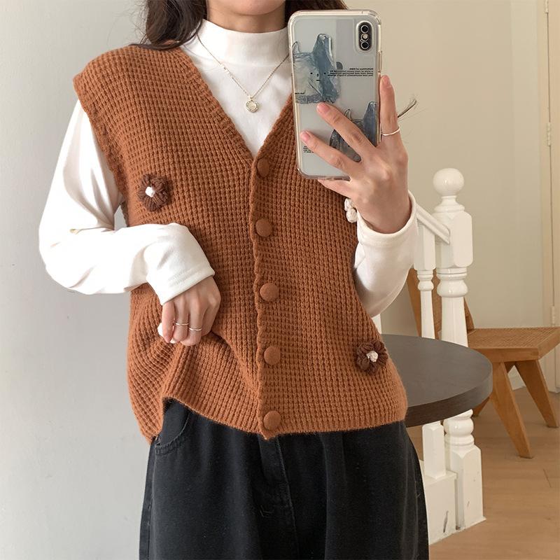 3D výšivka květinový vzor Jednořadá pletená tílko bez rukávů kroucená vesta