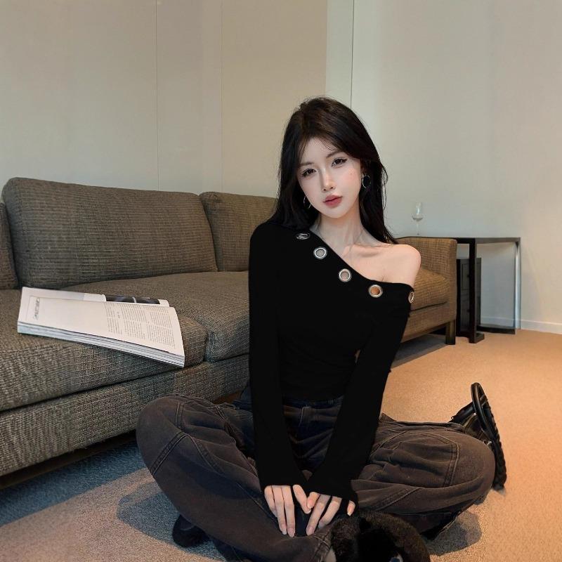 Sexy Rivet Off Shoulder Long Sleeve Fitted T Shirt For Women