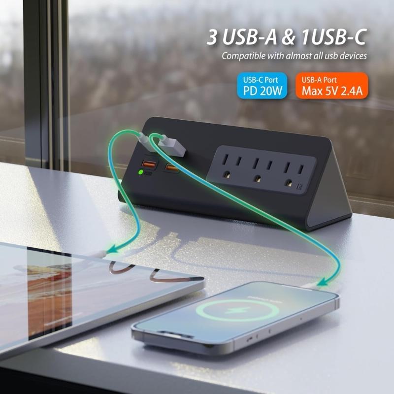 Desk Edges Mounted Power Strips with USB C Fast Charging Port and 3AC Outlets for Office Hotel Dormitory Use