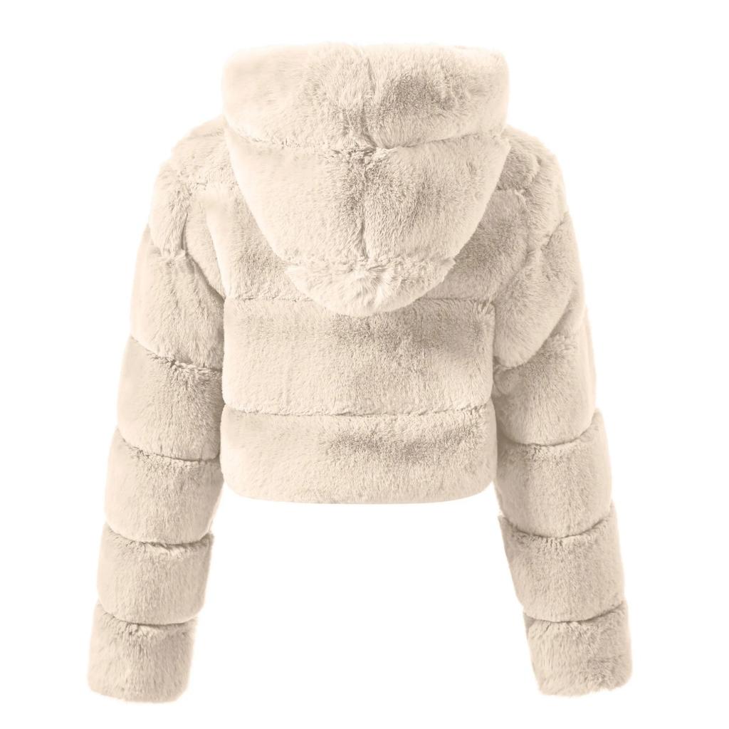 Y2k Streetwear Women Autumn Winter Faux Fur Coat Hooded Cropped Jacket Fur Coat Long Sleeve Cardigan Soft Tops Vintage Harajuku