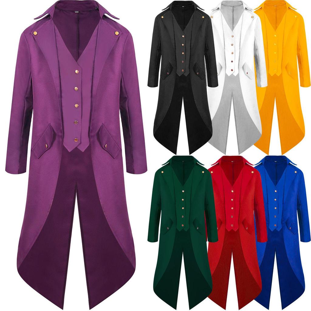 2024 Men's Solid Color Medieval Swallowtail Coat - European & American Mid-length Punk Retro Overcoat
