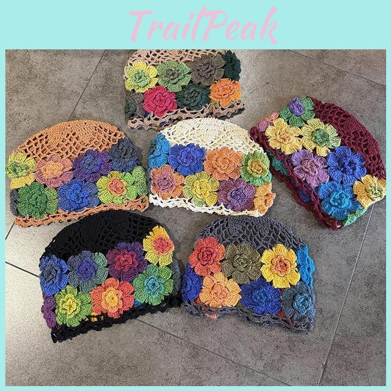 Ethnic Knitted Style Hat With Hollow Out Design And Flower Decoration For Daily