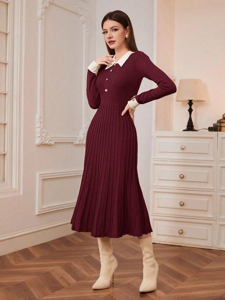 Shein French Long-Sleeve Midi Dress, Slim-Fit Knit, Figure-Flattering Women's Fashion