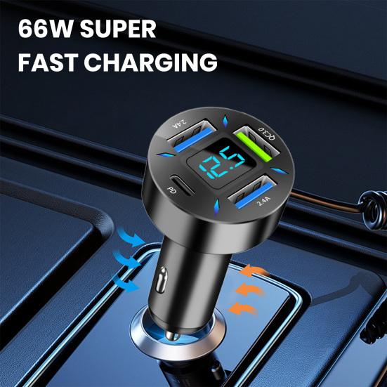 66W Car Super Fast Charger with 4 USB Ports LED Display Real-time Battery Monitoring PD QC3.0 2.4A Car Charger for Phone Tablet