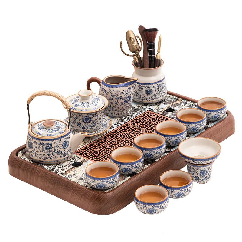 Retro blue and white Ru kiln kung fu tea set, home office ceramic teapot, teacup, tea table, a complete set
