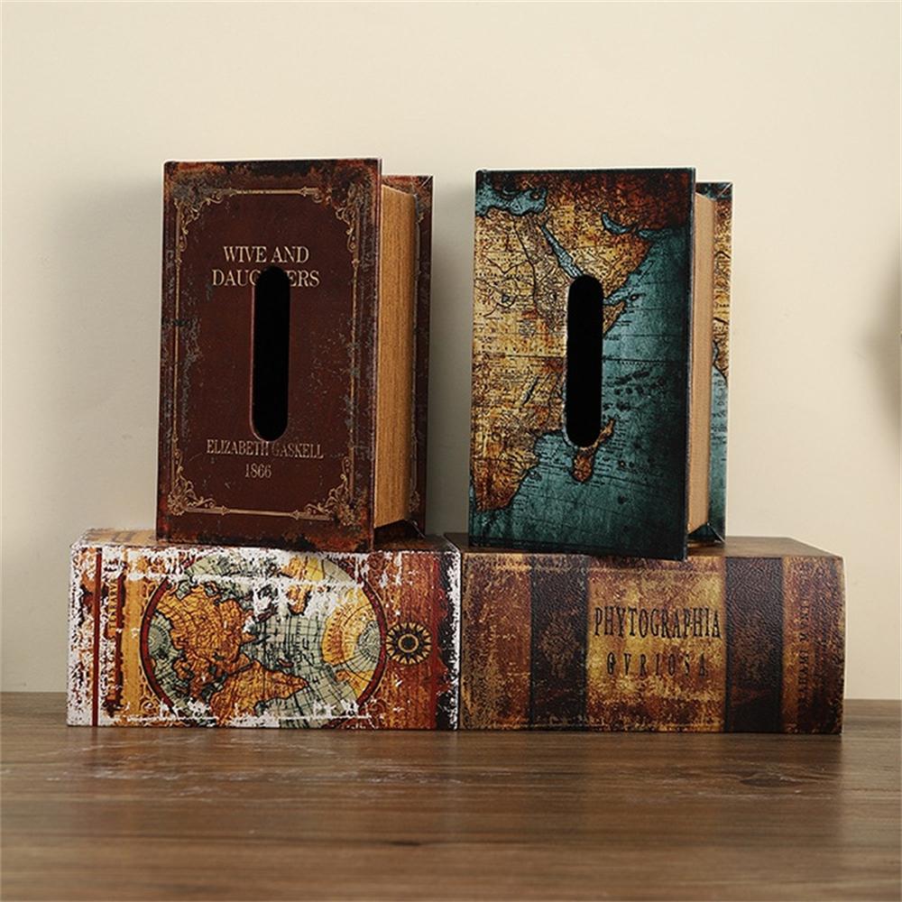 Retro European Simulation Book Tissue Box Wooden Coffee Table Napkin Storage Box Living Room Decoration Leather Tissue Organizer
