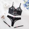 Fashion Sexy hollow mesh embroidered flower small vest thong sexy underwear three-piece set