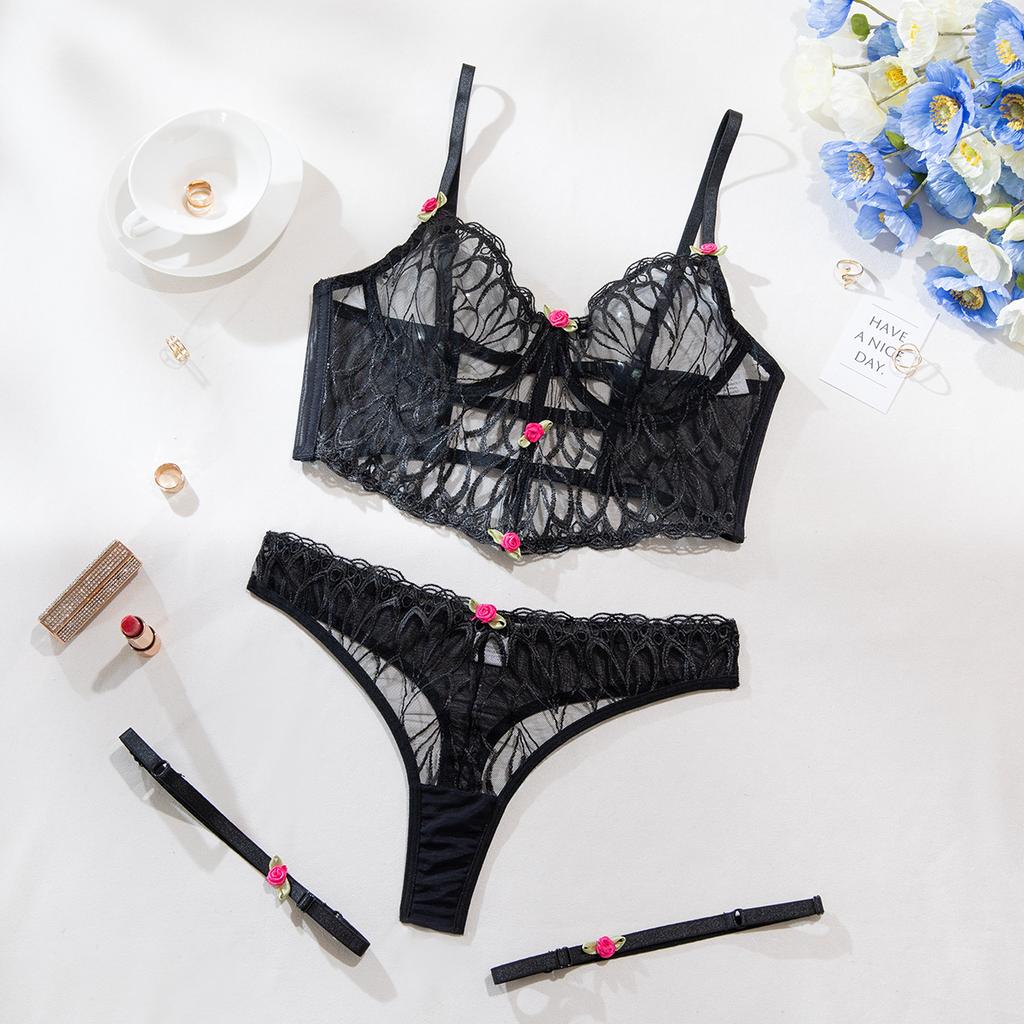 Fashion Sexy hollow mesh embroidered flower small vest thong sexy underwear three-piece set