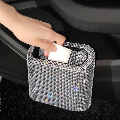 Cubo de Basura con Brillo Caja de Almacenamiento para Suministros de Automóvil Recogedor de Basura Pedrería Brillante Accesorios para el Interior Cuadrado Presionando Basura de Coche