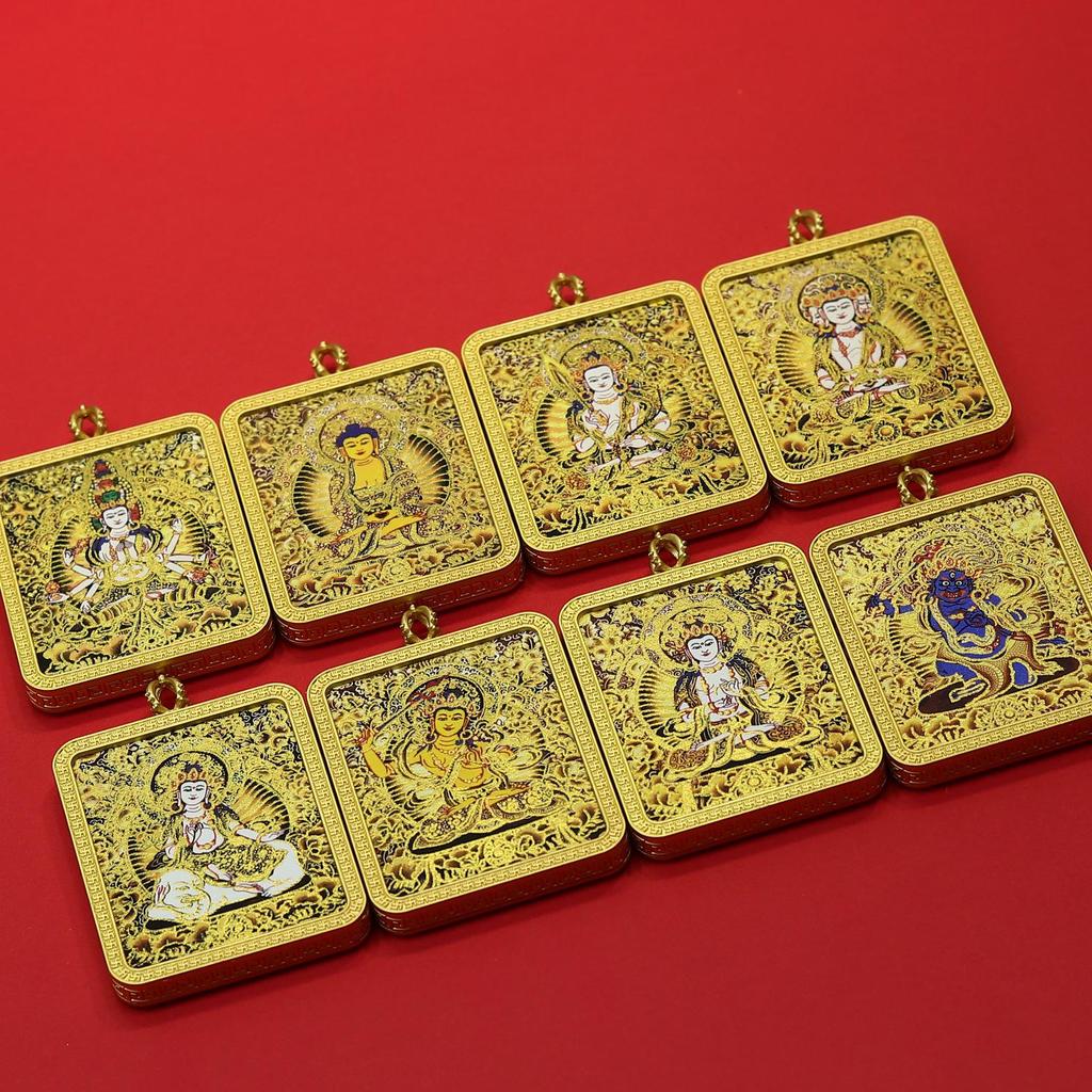 Tibetan Zodiac Eight Protectors Thangka Gold-Inlaid Square Pendant Necklace